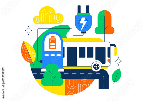 Electric Bus Transportation Illustration Featuring an Electric City Bus Charging at a Power Station with an Environmentally Friendly Public Vehicle