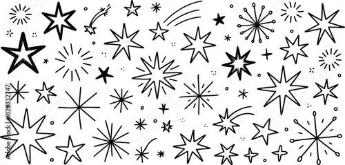 Hand-drawn star and sparkle icon set, black and white celestial elements for magical, festive, and cosmic design themes