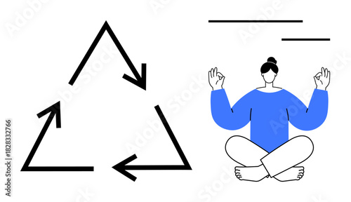Recycling triangle with arrows next to a person in blue meditating, symbolizing conscious lifestyle, harmony. Ideal for sustainability, mindfulness, wellness, balanced life, eco-awareness