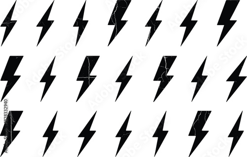 Lightning bolt icon set, black vector symbols with distortion and variation for energy, puzzle, or abstract themes
