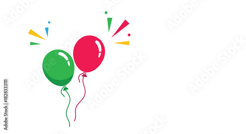 Simple and festive illustration of a green and a red balloon with confetti, perfect for birthday cards and party invitations.