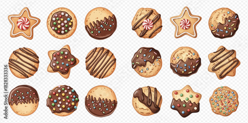 A delightful assortment of festive holiday cookies with various chocolate and sprinkle decorations.