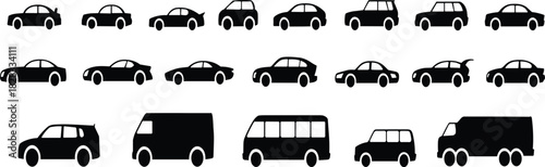 Vehicle silhouette icon set, black transport shapes, car, van, bus, truck graphic elements for automotive and mobility design