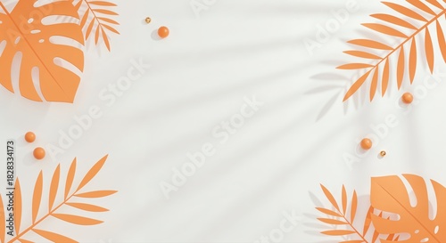 Wallpaper Mural Tropical Paradise: Orange-toned palm fronds and leaves cast enchanting shadows. A serene, nature-inspired composition perfect for adding a touch of elegance to your projects. Torontodigital.ca