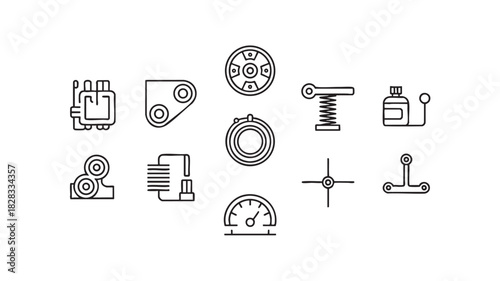 Collection of Industrial Mechanical Icons on White Background Keywords: mechanical, industrial