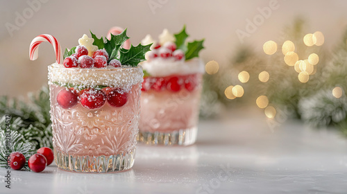 Two festive Christmas cocktails garnished with sugared cranberries, holly leaves, candy canes, and a snow-like rim, set against a blurry background with glowing bokeh lights and frosted pine branches.