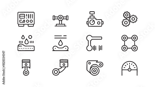 Engineering and Mechanical Icons Set Keywords: control panel, valve, engine, gears, water drops