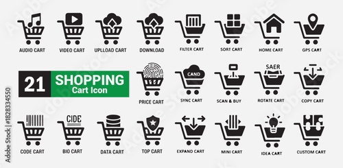 21 shopping cart icons set isolated on light gray background, collection of modern trolley symbols