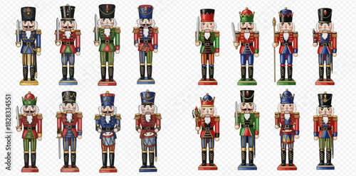 Collection of traditional wooden nutcracker soldier figures in various colorful uniforms, isolated on a transparent background.