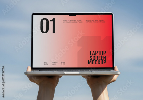 Realistic Editable Laptop Screen Mockup Held by Hands for Branding