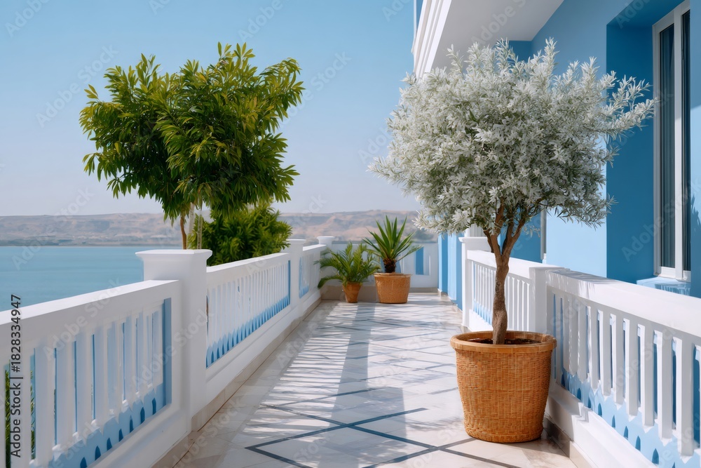 Obraz premium Balcony terrace with potted trees by the sea