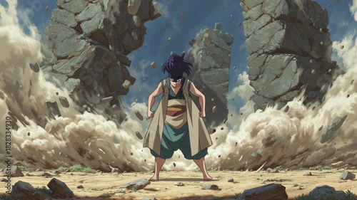 Epic anime character standing amidst dramatic rocky explosion