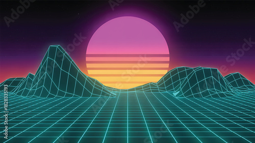 Retro futuristic landscape with neon grid and sunset