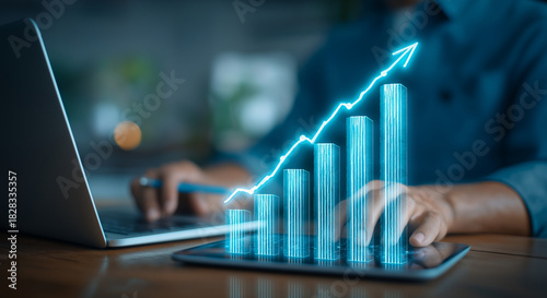Business Growth Chart and Finance Data Analysis on Laptop for Investment Strategy and Marketing Success