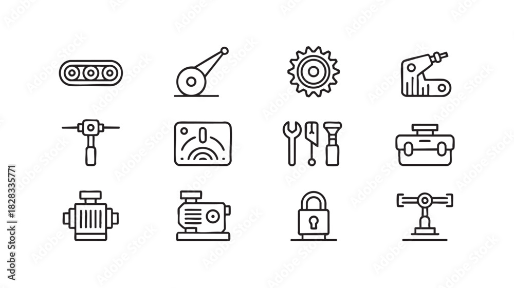 Fototapeta premium Industrial Machine Parts Icons Set conveyor belt lever