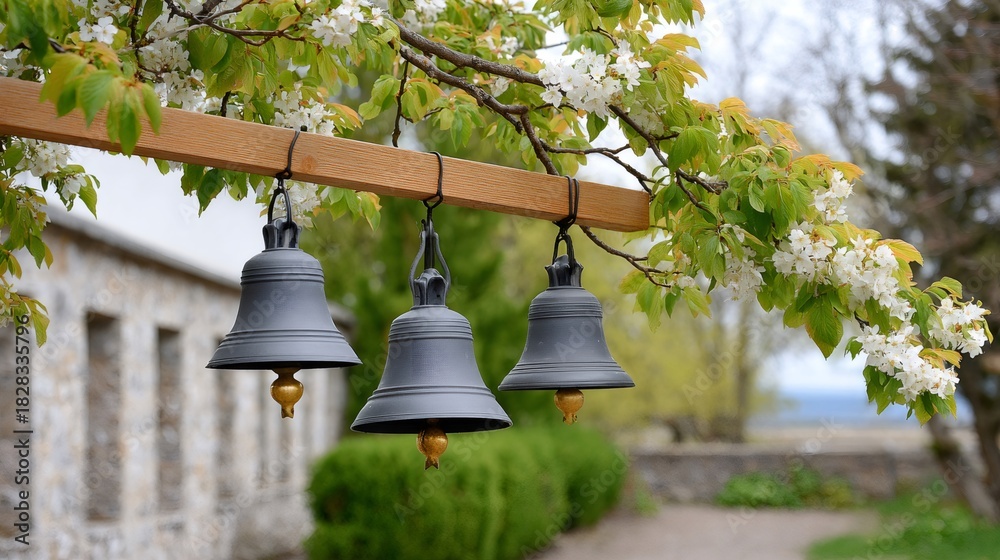 Obraz premium Ornamental bells hanging under spring blossoming tree branch
