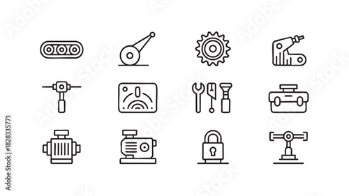 Industrial Machine Parts Icons Set conveyor belt lever