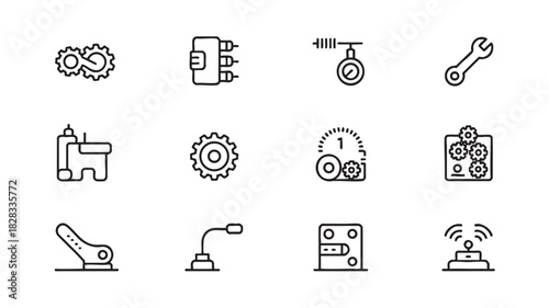 Industrial Machine Parts and Tools Icons Set Keywords: gear, cogwheel, connector, pressure gauge