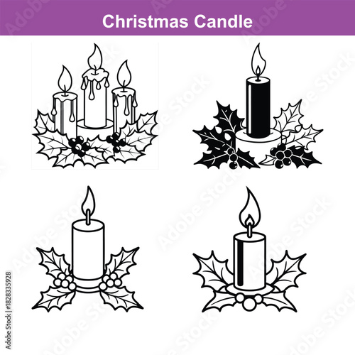 Elegant silhouette of a burning candle in a festive christmas candle holder surrounded by holly and pine, Generative Ai