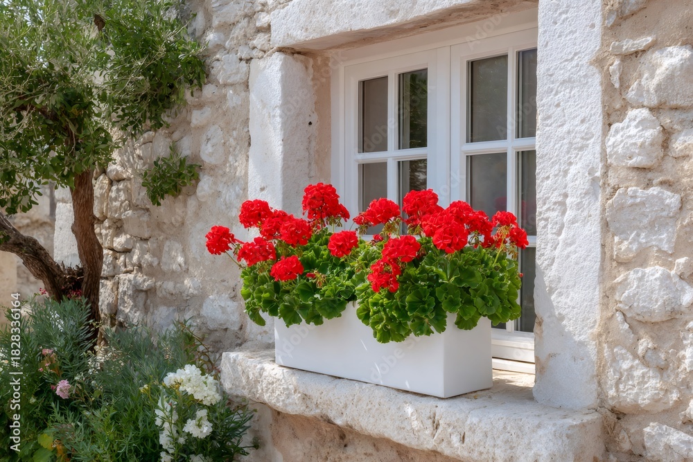 Fototapeta premium Red geraniums blooming on old stone window sill