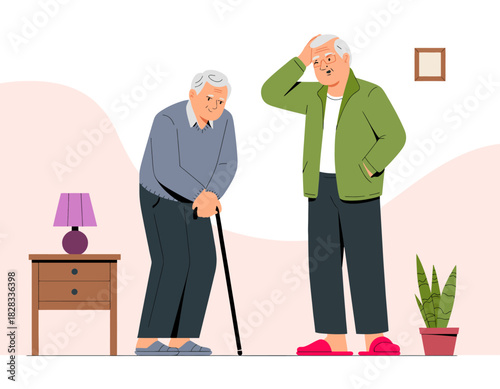 An emotional scene of an elderly man using a cane while another individual offers support, highlighting themes of care, compassion, and the importance of companionship in aging.