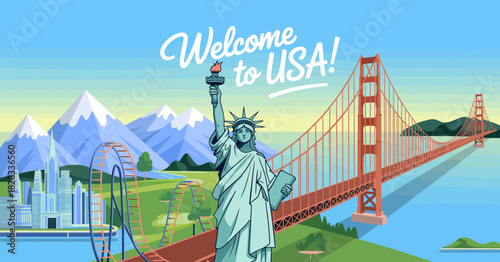 A vibrant illustration showcasing famous American landmarks, including the Statue of Liberty and Golden Gate Bridge, capturing the spirit of adventure and tourism in the USA.