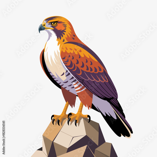 A striking hawk stands in regal posture atop a rocky outcrop, symbolizing strength and freedom, highlighting the beauty of wildlife in vibrant detail and artistic finesse.