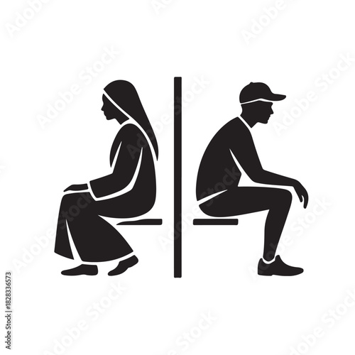 Silhouetted man and woman sitting back to back minimalist vector illustration isolated on white background