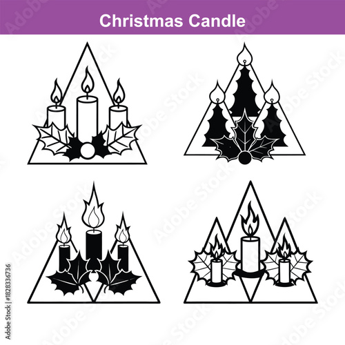 Elegant silhouette of a burning candle in a festive christmas candle holder surrounded by holly and pine, Generative Ai