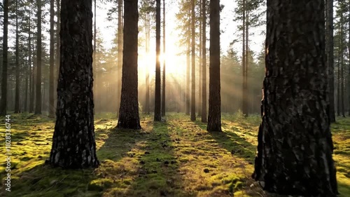 Capturing the majestic verticality of ancient pine trees, with soft morning light filtering through their dense canopy, creating ethereal sun rays. overhead or mid level tracking