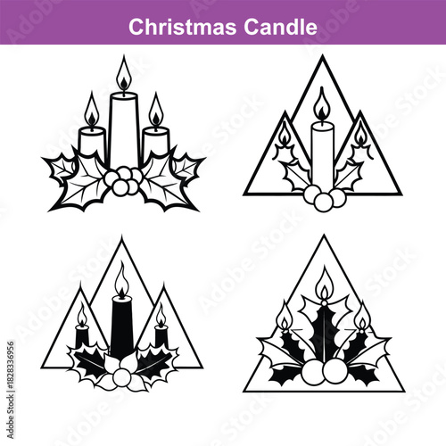 Elegant silhouette of a burning candle in a festive christmas candle holder surrounded by holly and pine, Generative Ai