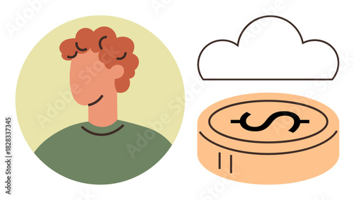 Person with curly hair beside a coin and cloud, symbolizing financial planning, savings, future thinking. Ideal for finance, investment, economy, strategy, dreams stability simple flat metaphor