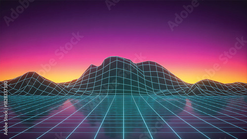 Retro futuristic neon grid landscape with mountain silhouette and sunset sky
