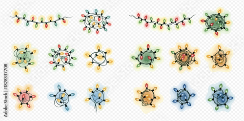 A collection of colorful Christmas string lights and tangled bundles, perfect for festive holiday decorations and design elements.