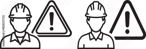 Two construction workers with warning signs silhouette