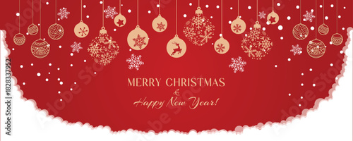Festive red background with hanging ornaments and snowflakes