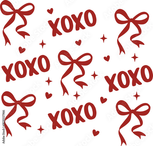 Scattered XOXO text, bows, hearts, and stars on white