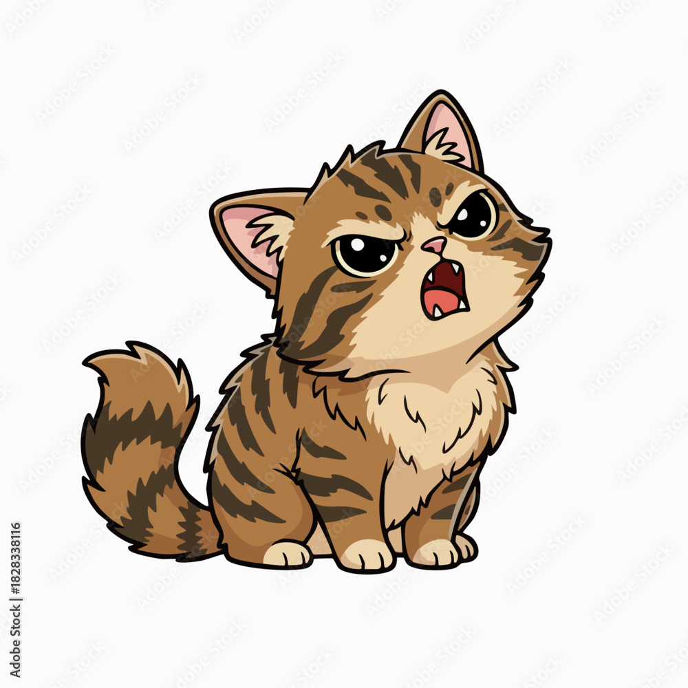 Fototapeta premium Adorable Angry Brown Striped Kitten Yelling Cartoon Illustration