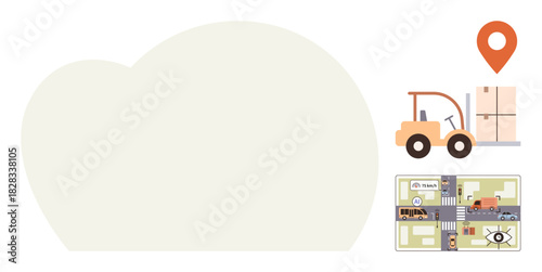 Forklift transporting goods alongside a map with a highlighted delivery route and location pin. Ideal for logistics, supply chain, delivery service, shipment tracking, urban planning, navigation