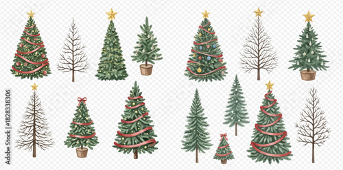 A collection of watercolor Christmas trees, some decorated with stars and ribbons, others bare or potted, on a transparent background.