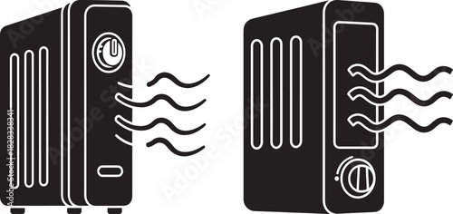Two black oil filled radiator heaters with heat waves silhouette
