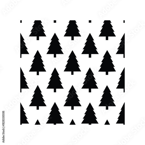 Monochrome seamless pattern of stylized black Christmas tree silhouettes on a white background. A minimalist winter holiday design for wrapping paper or fabric