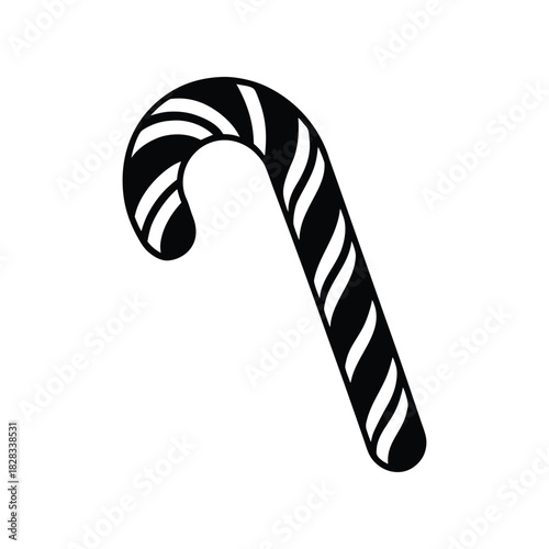 A simple black and white illustration of a traditional candy cane, a festive Christmas sweet treat with iconic curved shape, perfect for holiday designs and seasonal celebrations