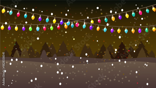 Winter scene with christmas lights strung above snowy ground and silhouetted trees at night time scene