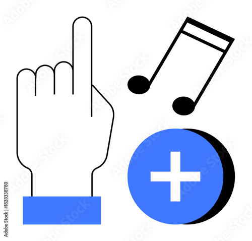 Digital media concept. Hand gesture with music note and plus symbol interaction in digital content. Digital media explores engagement, streaming, and dynamic user interfaces. Ideal for app design