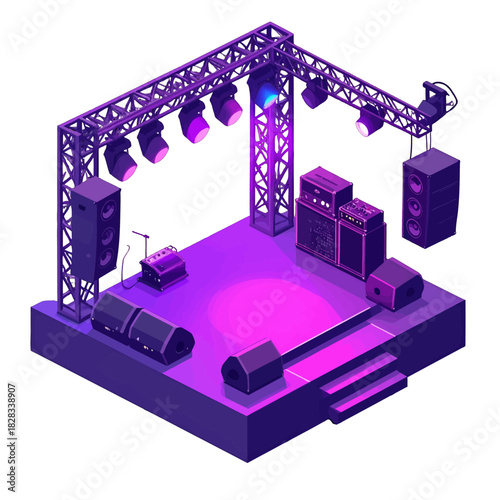 Empty Music Stage With Purple Lights And Sound Equipment Ready For Performance