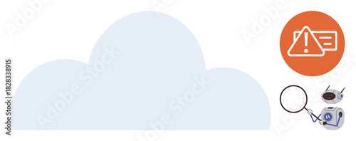 Cloud graphic with warning alert icon, magnifying glass, and devices analyzing potential risks. Ideal for cybersecurity, data protection, monitoring, communication, technology, analysis simple flat