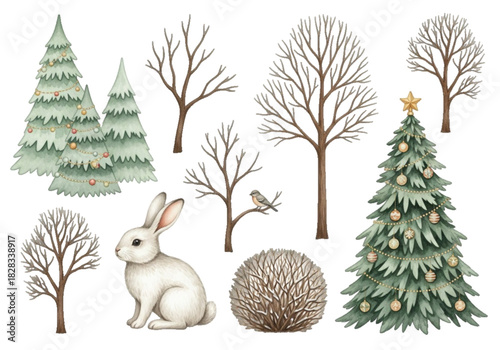 Cute winter woodland scene set with rabbit, bird, and Christmas trees illustration on transparent Background. Vector watercolor illustration of a festive holiday season with animals and snow.
