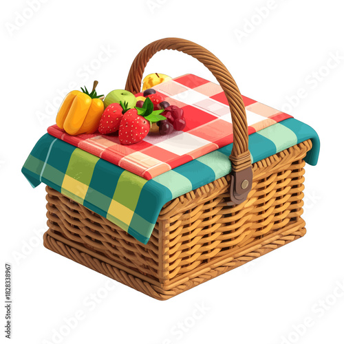 Wicker Picnic Basket Filled With Fresh Fruits and Vegetables on a Checked Cloth