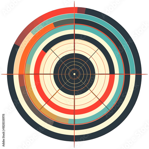 Concentric Circles With Segmented Arcs In Various Earth Tones And Blues Against A Creamy Background With Red Grid Overlay